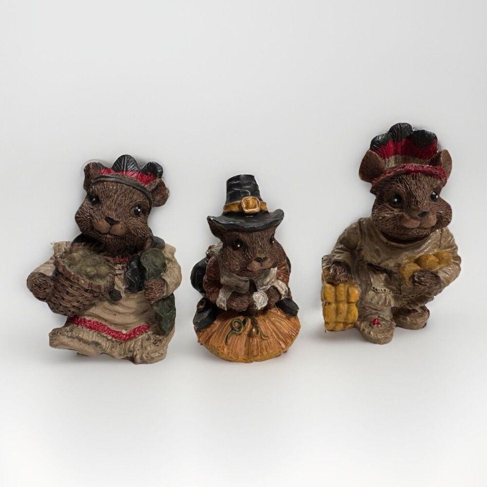 Thanksgiving Pilgrim Squirrel Figurines Set of 3 Fall Harvest Resin Decor